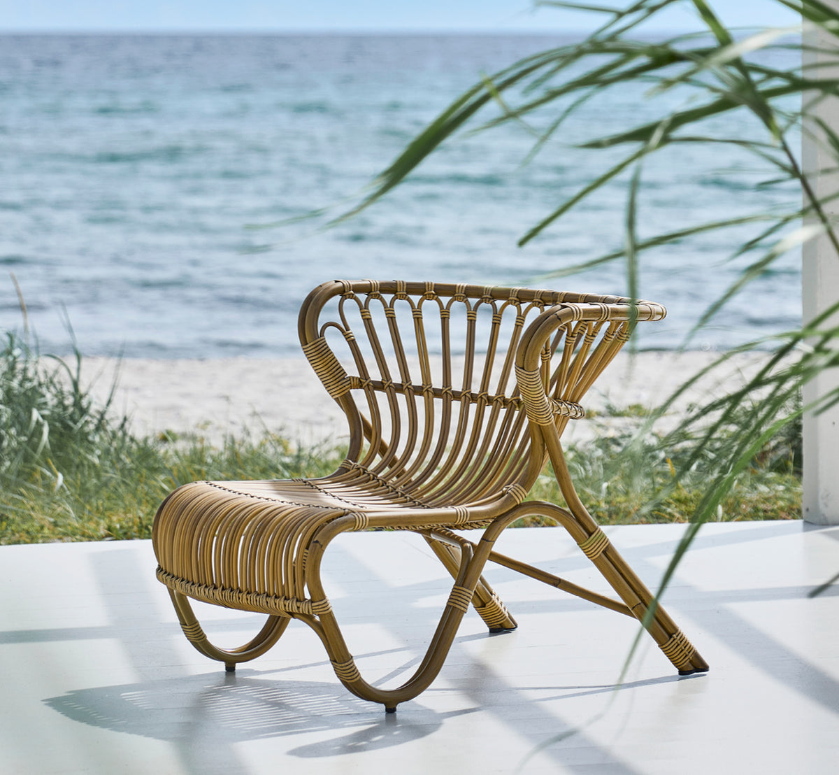 Esta es una imagen de estilo de vida de Fox sillón lounge exterior en antique Aluminium ArtFibre, en una terraza de madera junto al agua con cañas.