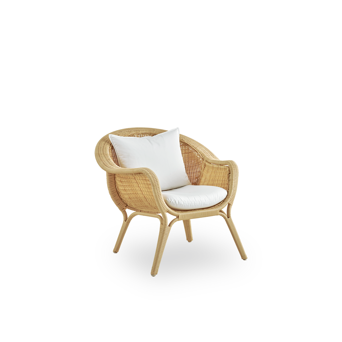Vista lateral de la silla de lounge exterior Madame, diseñada por Nanna & Jørgen Ditzel. Silla de lounge completamente tejida con diseño suave y femenino en forma de concha. Estructura de aluminio tejida con ArtFibre.