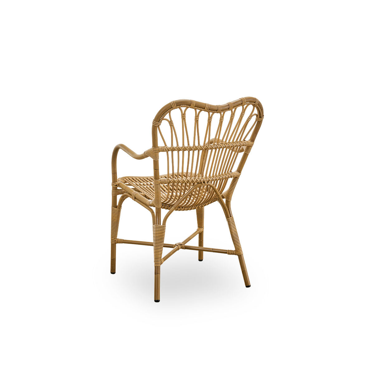 Plain back view of Margret outdoor dining chair with high wide backrest and curved armrests. Aluminium frame in Antique brown rattan look with ArtFibre windings.
