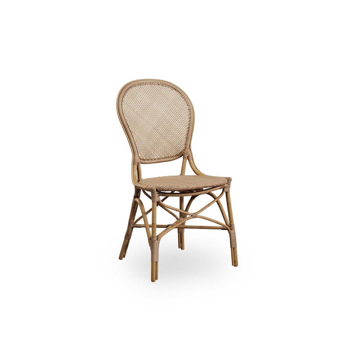 Vista lateral de la silla de comedor exterior Rossini en color Antique. Silla elegante con respaldo redondo de diseño sencillo. Estructura de aluminio con acabado en apariencia de ratán y asiento y respaldo tejidos en ArtFibre.