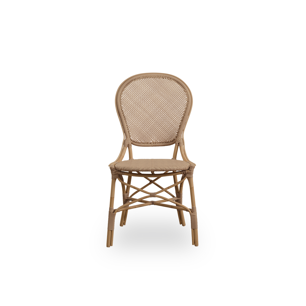 Vista frontal de la silla de comedor exterior Rossini en color antiguo.
Silla elegante con respaldo redondo en un diseño sencillo. Estructura de aluminio con aspecto de ratán y asiento y respaldo tejidos en ArtFibre.