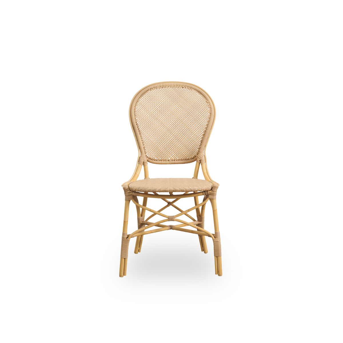Vista frontal de la silla de comedor exterior Rossini en color natural.
Silla elegante con respaldo redondo en un diseño sencillo. Estructura de aluminio con aspecto de ratán y asiento y respaldo tejidos en ArtFibre.