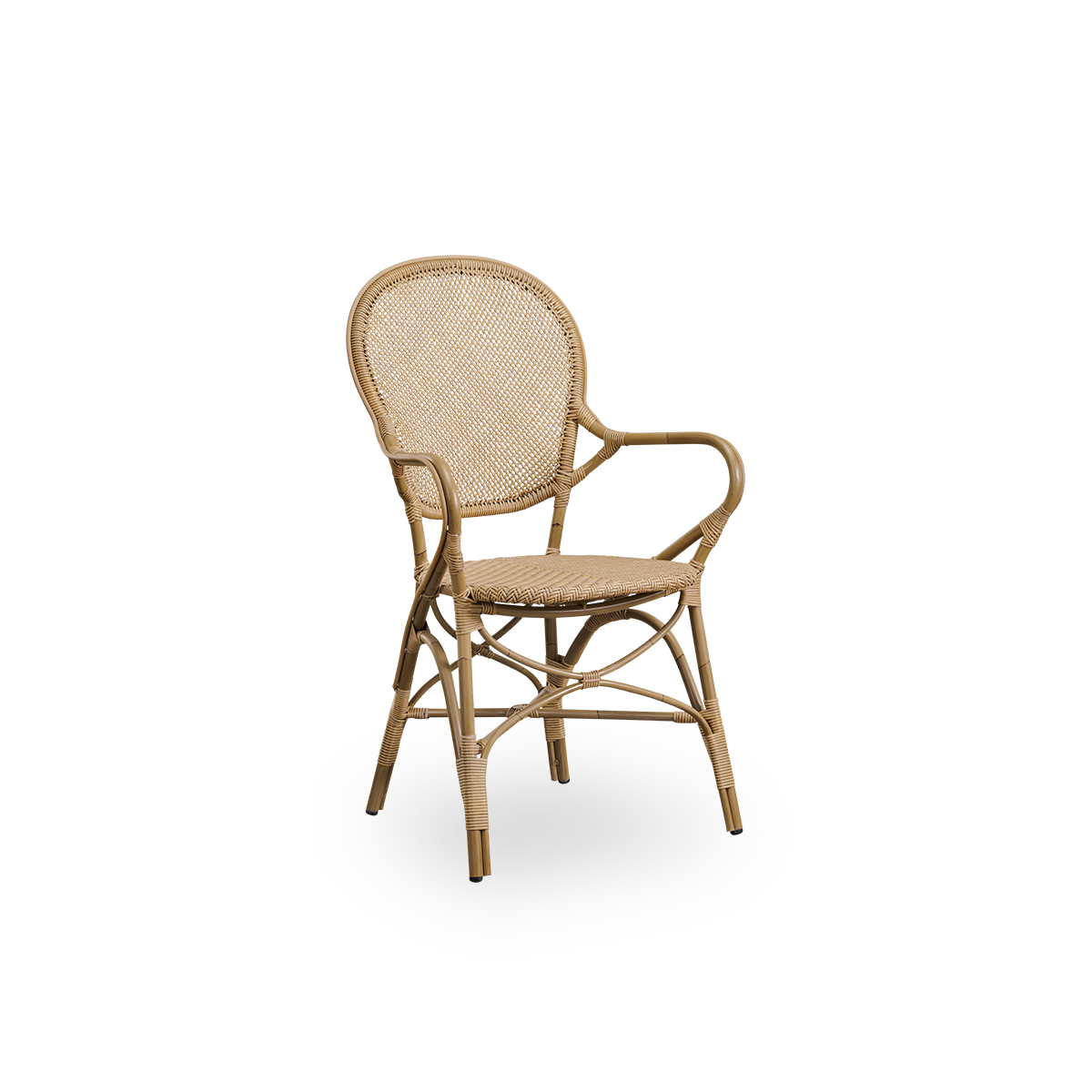 Vista lateral de la silla de comedor exterior Rossini con brazos en color Antique. Silla elegante con respaldo redondo y reposabrazos de diseño sencillo. Estructura de aluminio con acabado en apariencia de ratán y asiento y respaldo tejidos en ArtFibre.