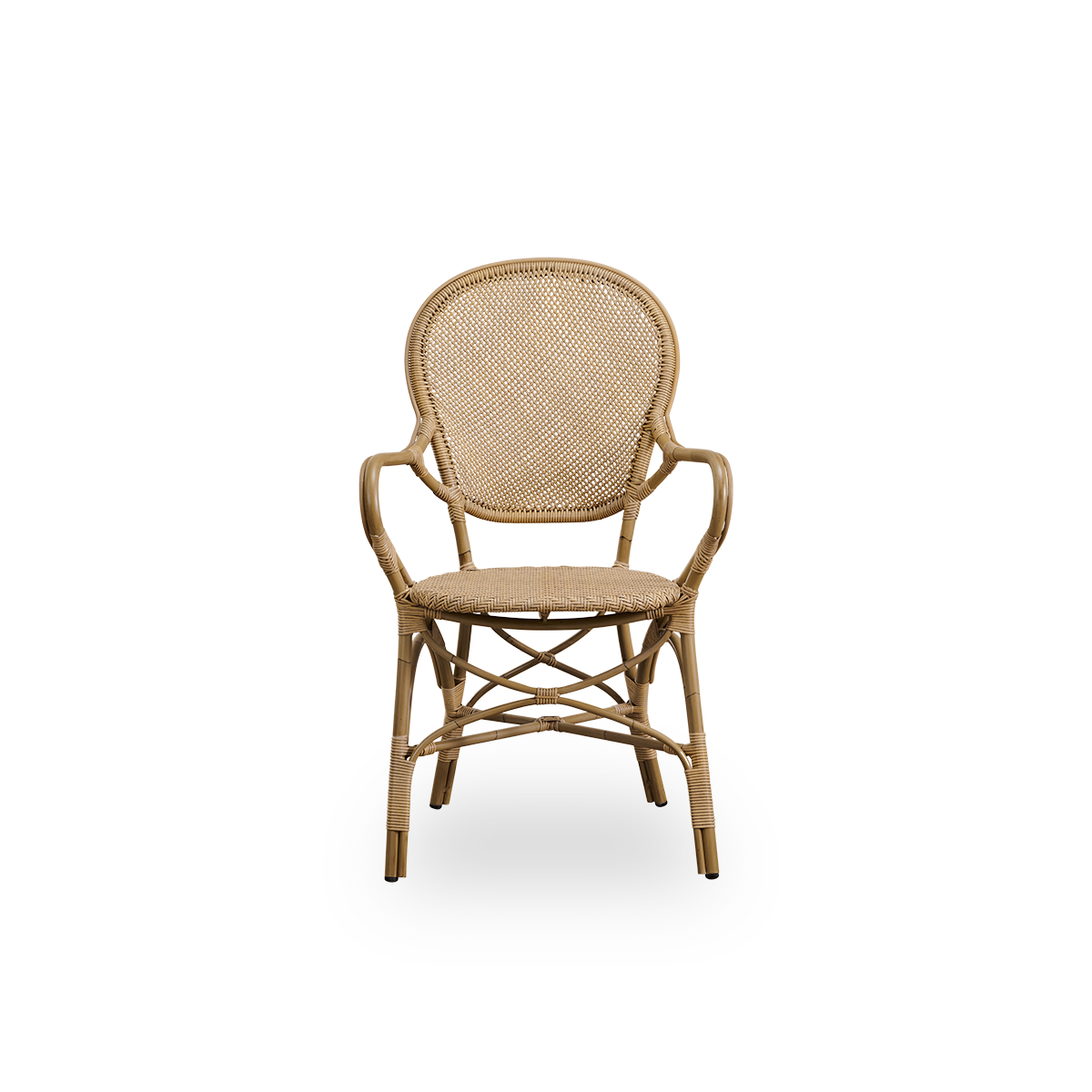 Vista frontal del sillón de comedor exterior Rossini en color antiguo.
Silla elegante con respaldo redondo y reposabrazos en un diseño sencillo. Estructura de aluminio con aspecto de ratán y asiento y respaldo tejidos en ArtFibre.