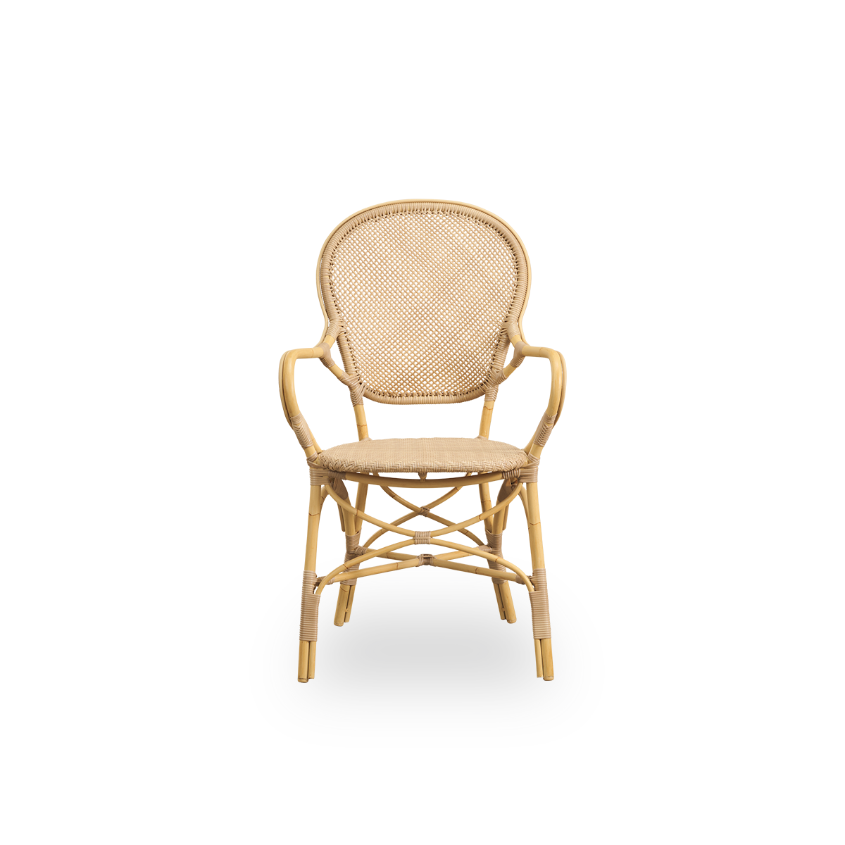 Vista frontal del sillón de comedor exterior Rossini en color natural.
Silla elegante con respaldo redondo y reposabrazos en un diseño sencillo. Estructura de aluminio con aspecto de ratán y asiento y respaldo tejidos en ArtFibre.