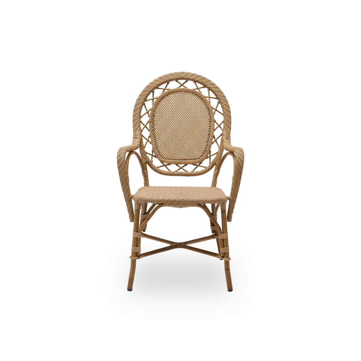 Vista frontal de la silla de comedor exterior Romantica en color marrón antiguo.
Silla de comedor elegante y romántica con respaldo redondo y asiento completamente tejido en un encantador diseño danés. Estructura de aluminio con aspecto de ratán y uniones