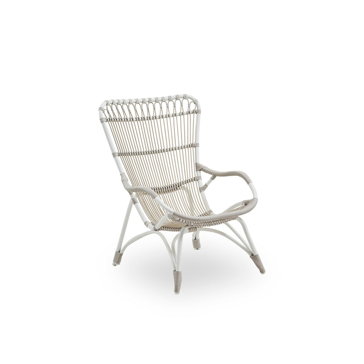 Side view of Monet outdoor lounge chair with high backrest and armrests presented in Dove White color. Aluminium frame with ArtFibre windings.