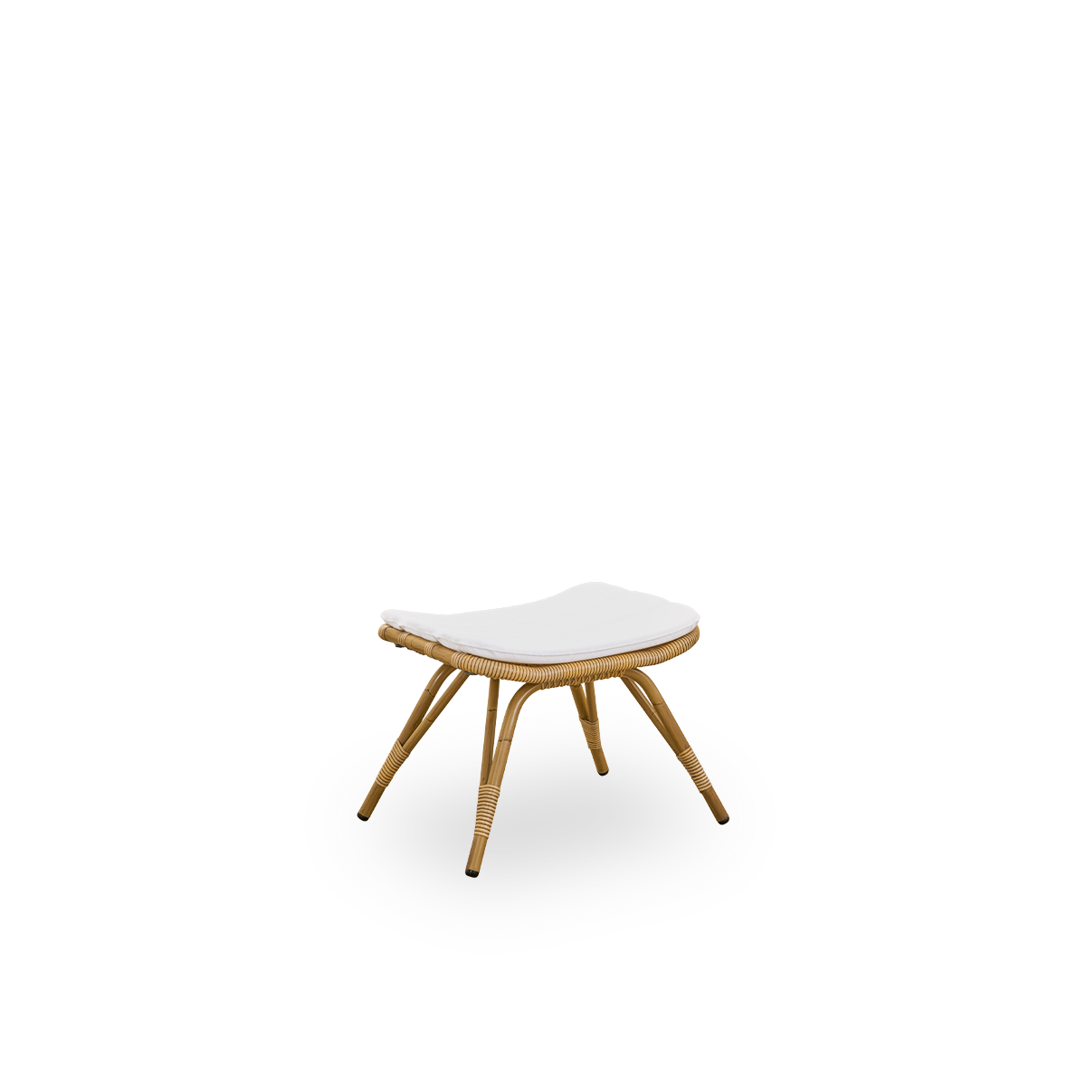 Vista lateral del reposapiés exterior Monet en color Antique Brown. Estructura de aluminio con acabado en apariencia de ratán y enrollados de ArtFibre.