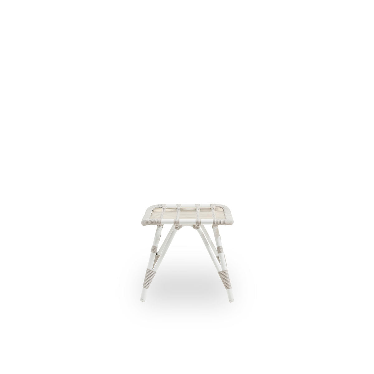 Plain side view of Monet outdoor footstool in Dove White color. Aluminium frame with ArtFibre windings.