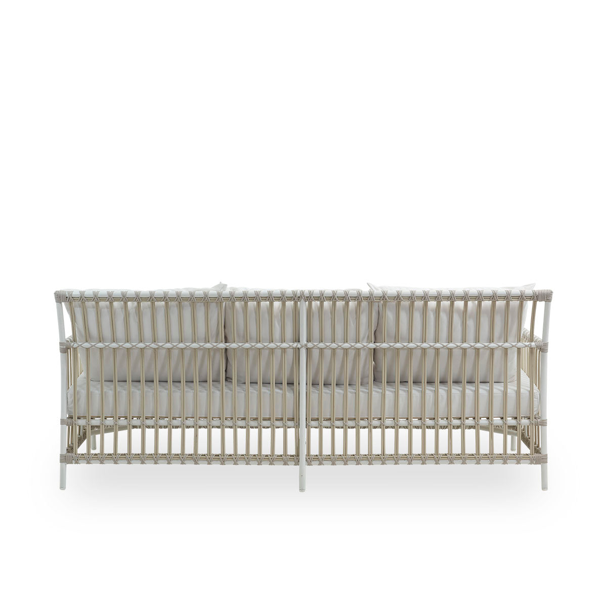 Side view of Caroline outdoor 3-seater sofa in dove white color, simple and elegant Danish design. Aluminium frame with ArtFibre bindings.