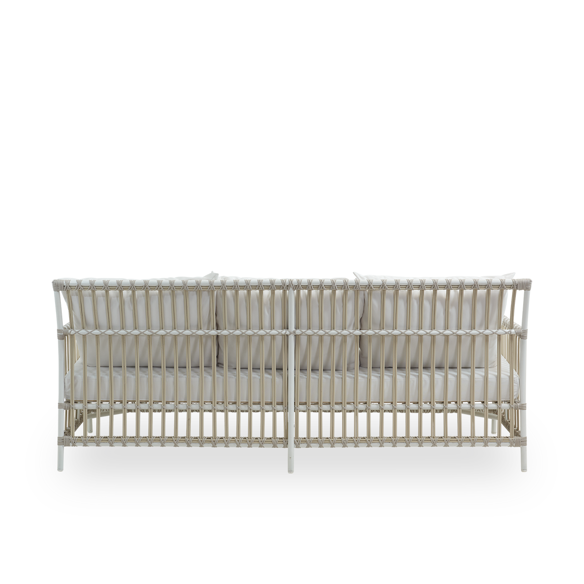 Side view of Caroline outdoor 3-seater sofa in dove white color, simple and elegant Danish design. Aluminium frame with ArtFibre bindings.