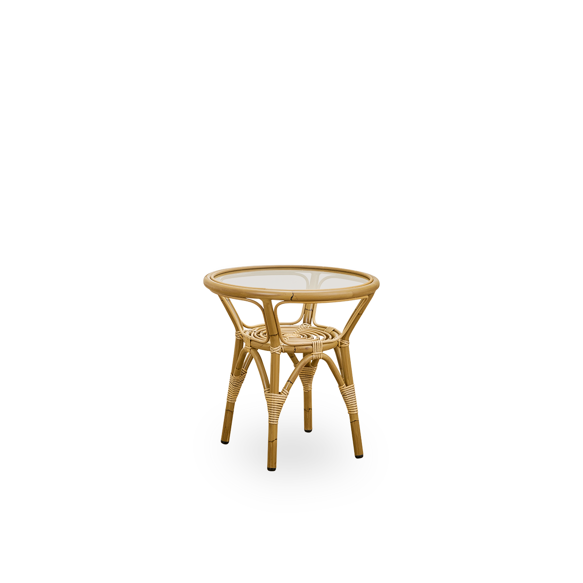 Vista lateral de la mesa auxiliar exterior Tony con tapa de vidrio templado de 8 mm fijada dentro del marco de la mesa. Estructura de aluminio con apariencia de ratán Antique y revestida con ArtFibre.