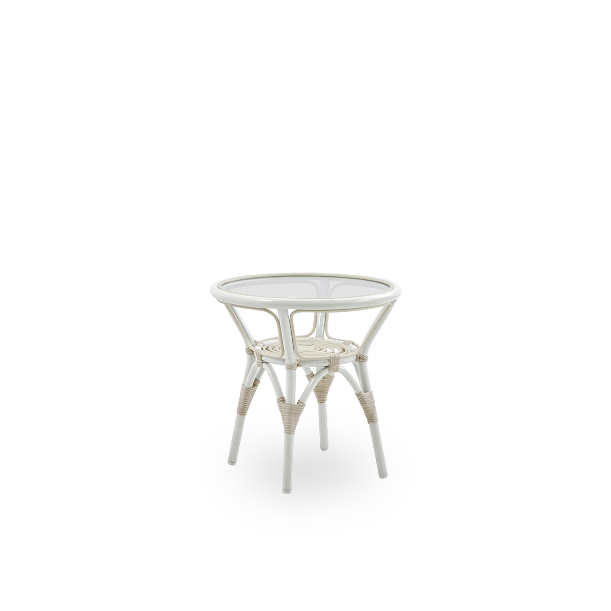 Vista lateral de la mesa auxiliar exterior Tony con tapa de vidrio templado de 8 mm fijada dentro del marco de la mesa. Estructura de aluminio en color blanco y revestida con ArtFibre.