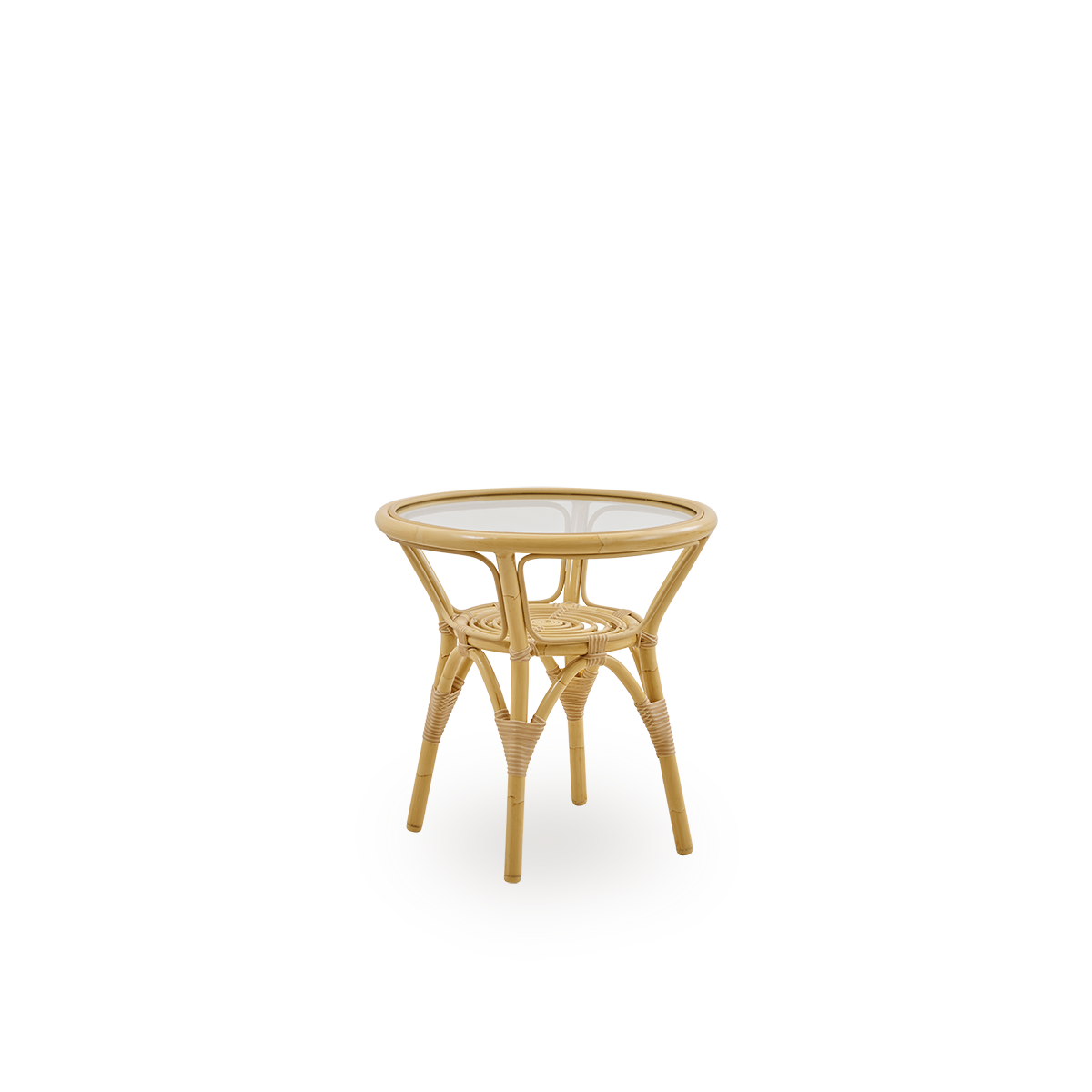 Vista lateral de la mesa auxiliar exterior Tony con tapa de vidrio templado de 8 mm fijada dentro del marco de la mesa. Estructura de aluminio con apariencia de ratán y revestida con ArtFibre.