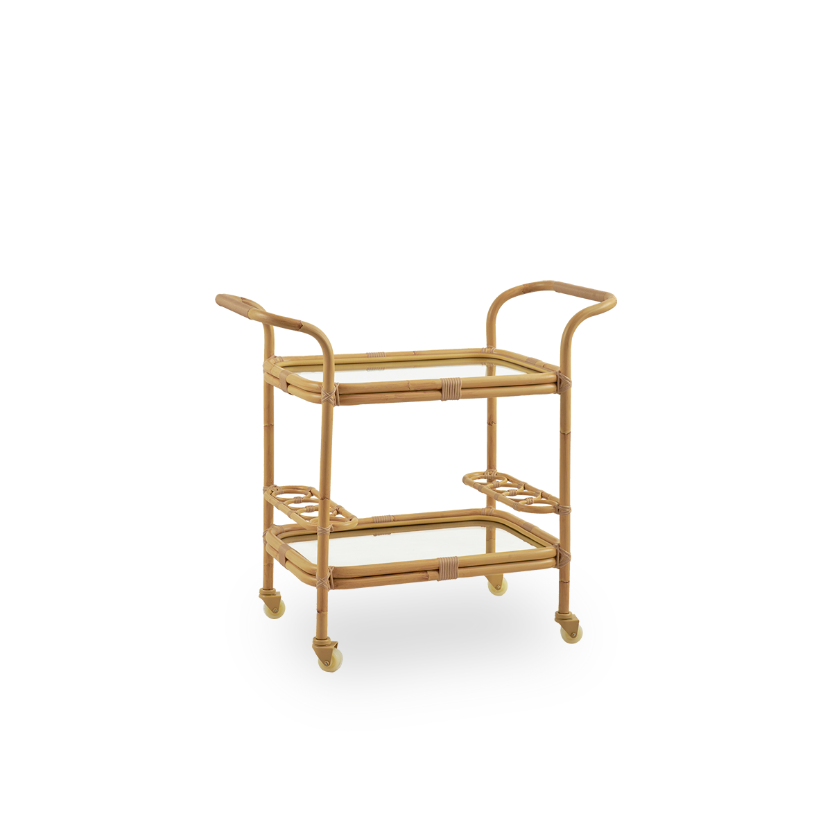 Vista lateral del carrito de bar Carlo para exteriores, un carrito decorativo y práctico. Tiene estructura de aluminio con acabado de ratán pintado a mano y detalles de ArtFibre hechos a mano, lo que lo convierte en un complemento acogedor para espacios e