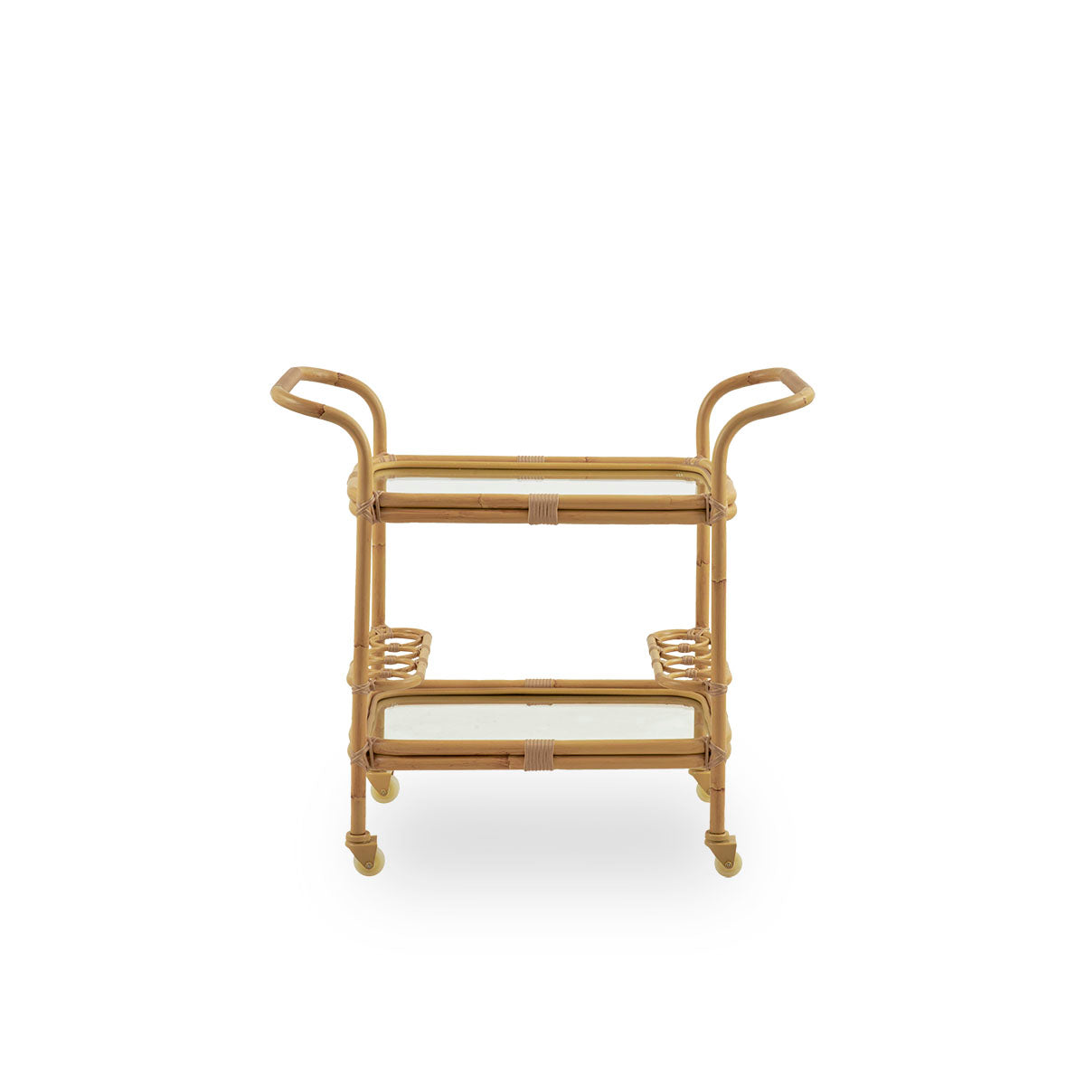 Vista lateral simple del carrito de bar exterior Carlo, un carrito decorativo y práctico para exteriores. El carrito tiene una estructura de aluminio con acabado pintado a mano imitación ratán y detalles artesanales en ArtFibre, lo que lo convierte en un 