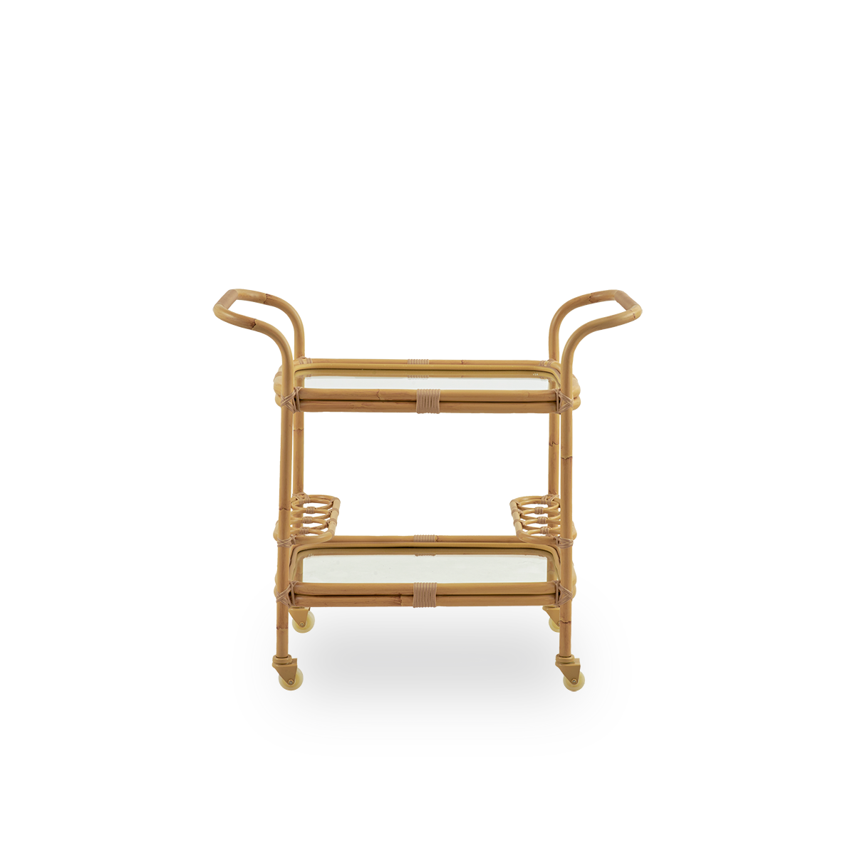 Vista lateral simple del carrito de bar exterior Carlo, un carrito decorativo y práctico para exteriores. El carrito tiene una estructura de aluminio con acabado pintado a mano imitación ratán y detalles artesanales en ArtFibre, lo que lo convierte en un 